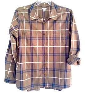 CARHARTT Women's XL Plaid Roll Tab Long Sleeve Shirt Brown/Olive 100% Cotton